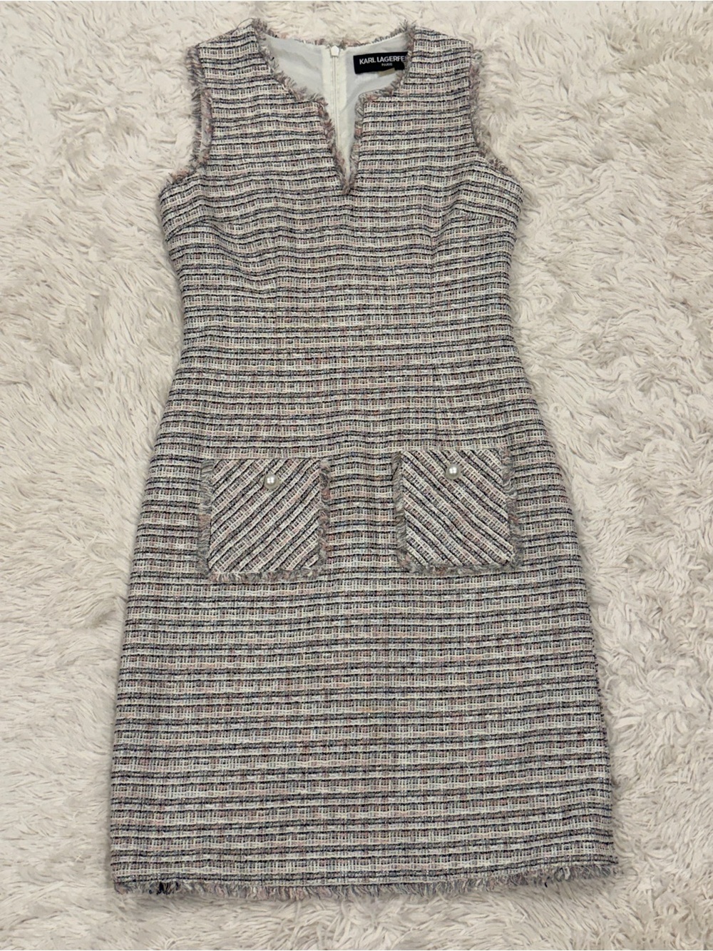 Karl Lagerfeld Paris Tweed Sheath Dress Women’s Size 0 Metallic Pearl Career